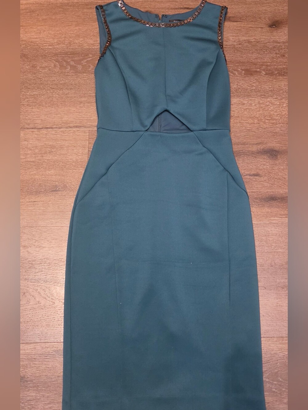 Dynamite Teal Cocktail Dress with Metallic Trim & Cutout